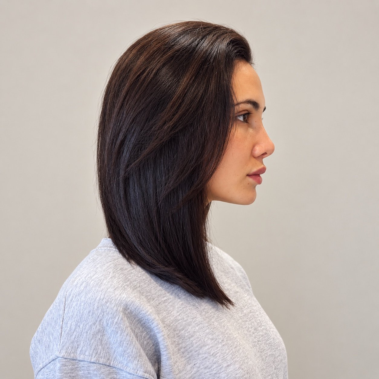 Long layered brunette haircut by Andrii Gerashchenko